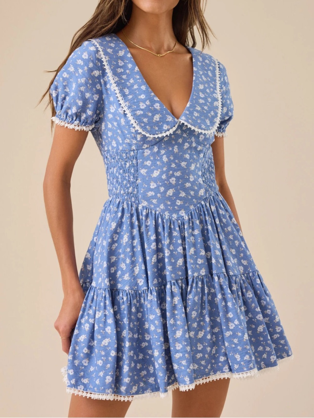 Altar'd State Blue Floral Tiered Mini Dress with Peter Pan Collar